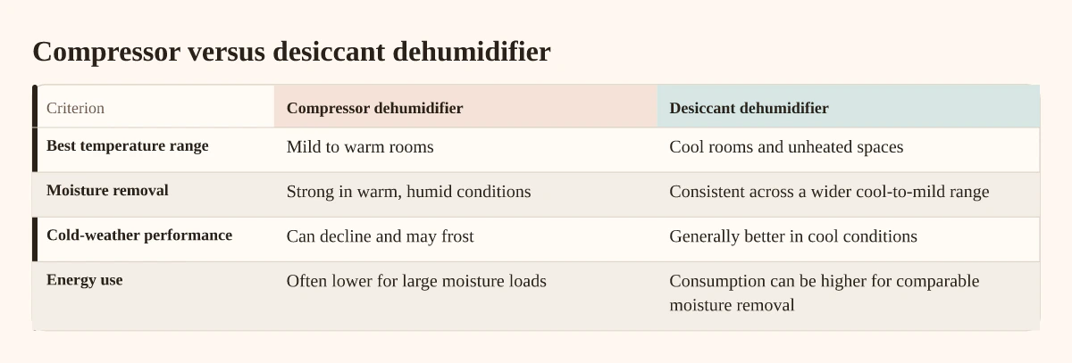 Compressor versus desiccant dehumidifier. Comparison. Compressor dehumidifier versus Desiccant dehumidifier. Best temperature range; Moisture removal; Cold-weather performance; Energy use